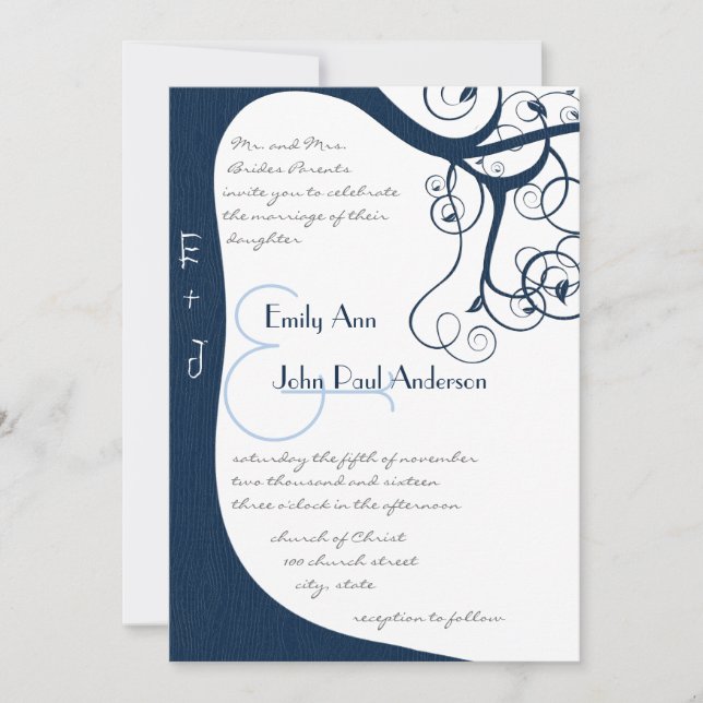 Navy Tree Swirls  Wedding Invitation (Front)