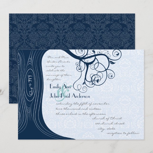 Navy Tree Swirls  Wedding Invitation (Front/Back)
