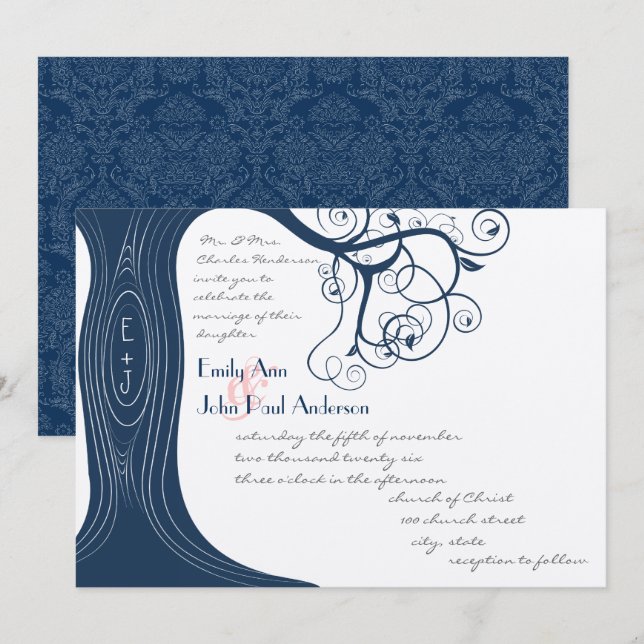 Navy Tree Swirls  Wedding Invitation (Front/Back)