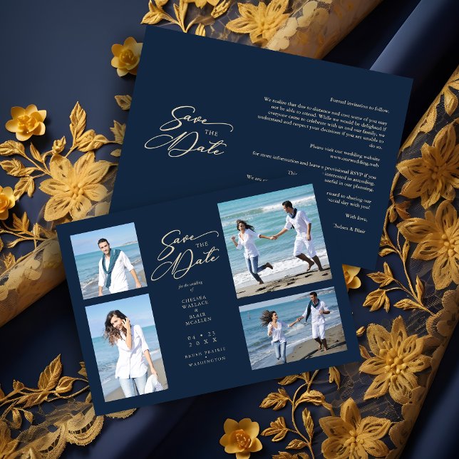 Navy Trendy Collage Wedding Save Date 4 Photos (Navy Trendy Collage Wedding 4 Photos Save the Date Card with Envelope.)