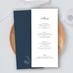 Navy Tropical Leaf Wedding Menu Card