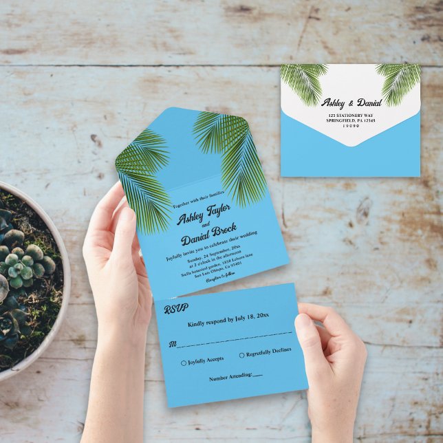 Navy Tropical Palm Blue Beach Destination Wedding All In One Invitation (Creator Uploaded)