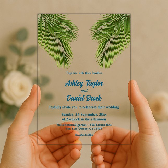 Navy Tropical Palm Leaf Beach Coastal Wedding Acrylic Invitations (Creator Uploaded)