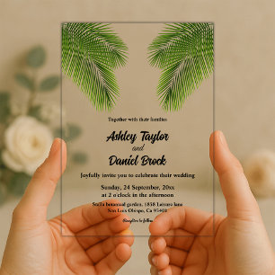 Navy Tropical Palm Leaf Beach Destination Wedding Acrylic Invitations