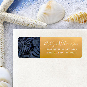 Navy tropical palm leaf modern script gold address