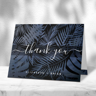 Navy tropical palm leaf pattern calligraphy script thank you card