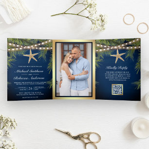 Navy Tropical Palm Leaves Starfish QR Code Wedding Tri-Fold Invitation