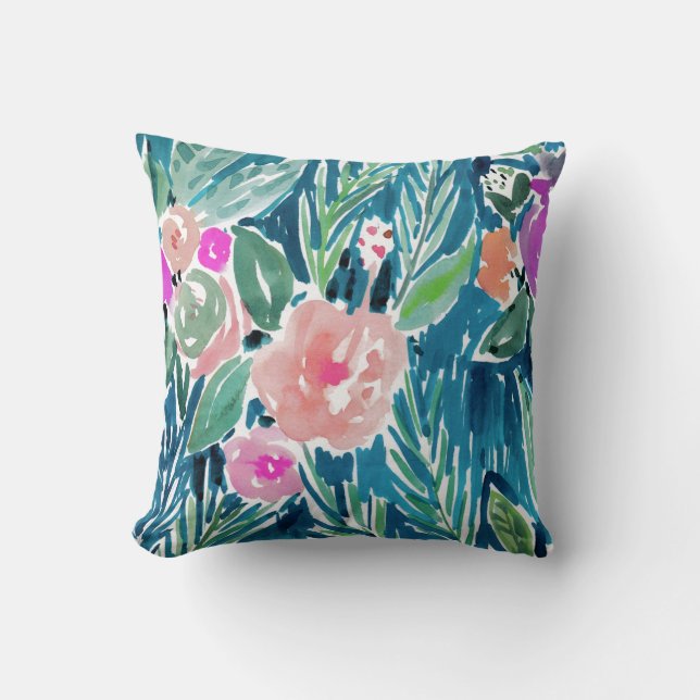 Navy Tropical Paradise Watercolor Floral Cushion (Front)