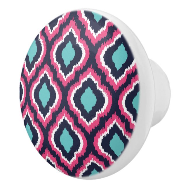 Navy Turquoise and Pink Ikat Moroccan Ceramic Knob (Right)