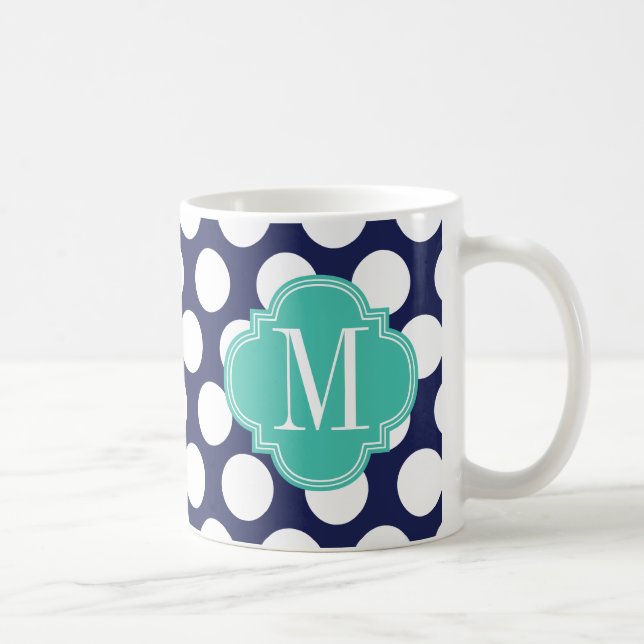 Navy & Turquoise Big Polka Dots Monogrammed Coffee Mug (Right)