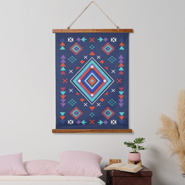 Navy Turquoise Boho Geometric Surface Pattern Hanging Tapestry (Bedroom)