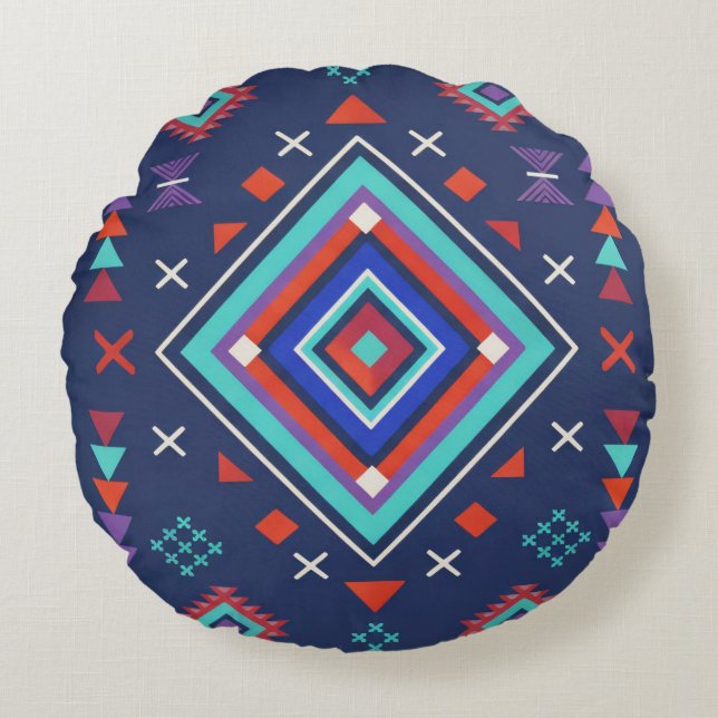 Navy Turquoise Boho Geometric Surface Pattern Round Cushion (Front)