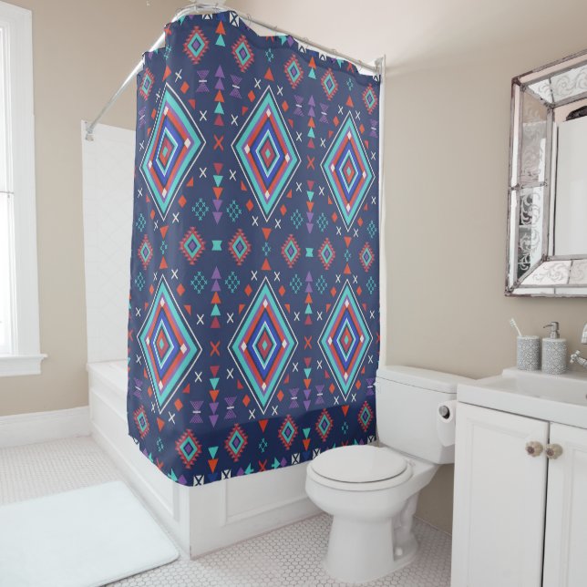 Navy Turquoise Boho Geometric Surface Pattern Shower Curtain (In Situ)