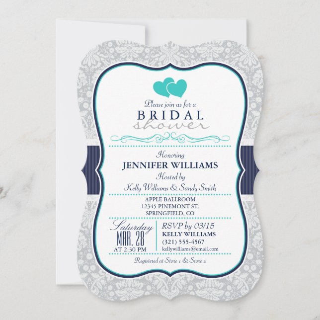 Navy, Turquoise, Grey Damask Bridal Shower Invitation (Front)