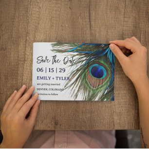 Navy Turquoise Peacock Feather Boho Save The Date Announcement Postcard