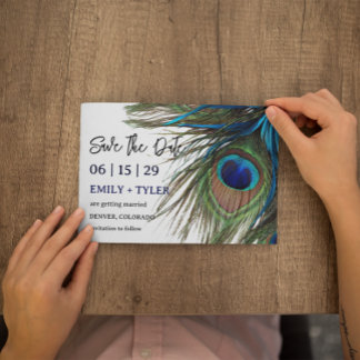 Navy Turquoise Peacock Feather Boho Save The Date Announcement Postcard