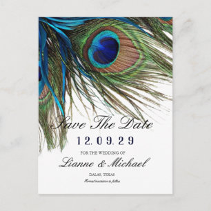 Navy Turquoise Peacock Feather Boho Save The Date Announcement Postcard