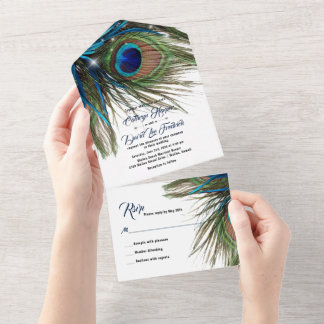 Navy Turquoise Peacock Feather Boho Wedding  All In One Invitation