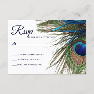 Navy Turquoise Peacock Feather Boho Wedding RSVP Card