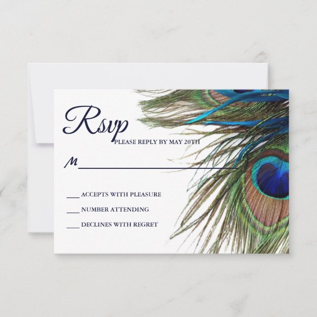 Navy Turquoise Peacock Feather Boho Wedding RSVP Card (Front)