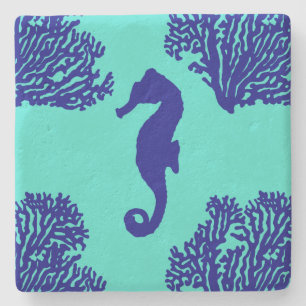 Navy Turquoise Seahorse Coastal Pattern Stone Coaster