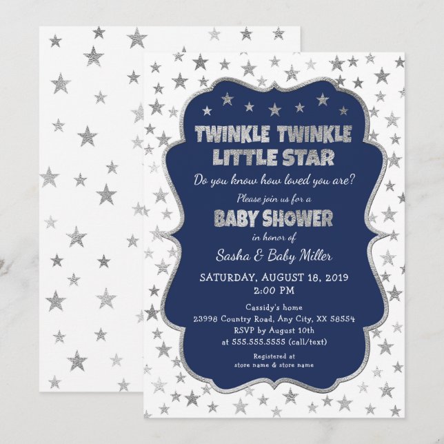 Navy Twinkle Little Star Baby Shower invitations (Front/Back)