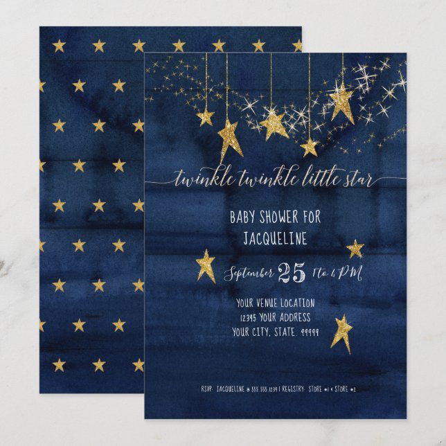 Navy Twinkle Little Star Gold Boy Baby Shower Invitation (Front/Back)