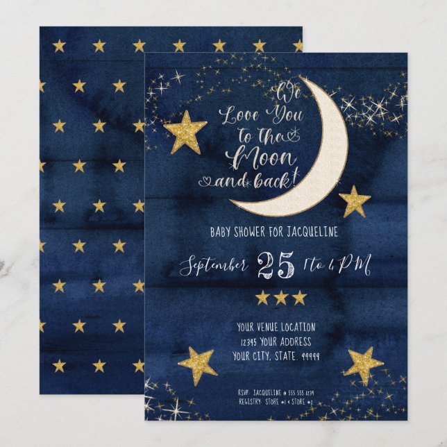 Navy Twinkle Little Star Moon Love Boy Baby Shower Invitation (Front/Back)