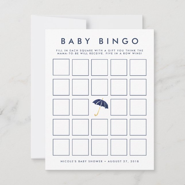 Navy Umbrella | Baby Shower Bingo Game Card (Front)