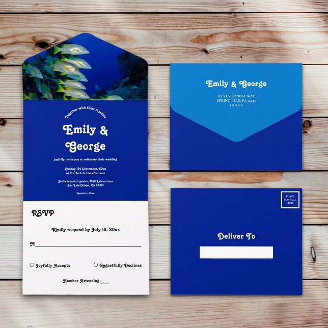 Navy Under the Sea Fish Coastal Beach Wedding All In One Invitation (Creator Uploaded)
