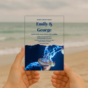 Navy Under the Sea Jellyfish Beach Coastal Wedding Acrylic Invitations