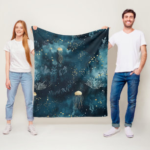 Navy Underwater Jellyfish Marine Life Pattern Fleece Blanket