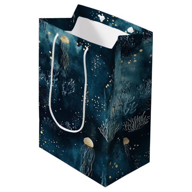 Navy Underwater Jellyfish Marine Life Pattern Medium Gift Bag (Front Angled)