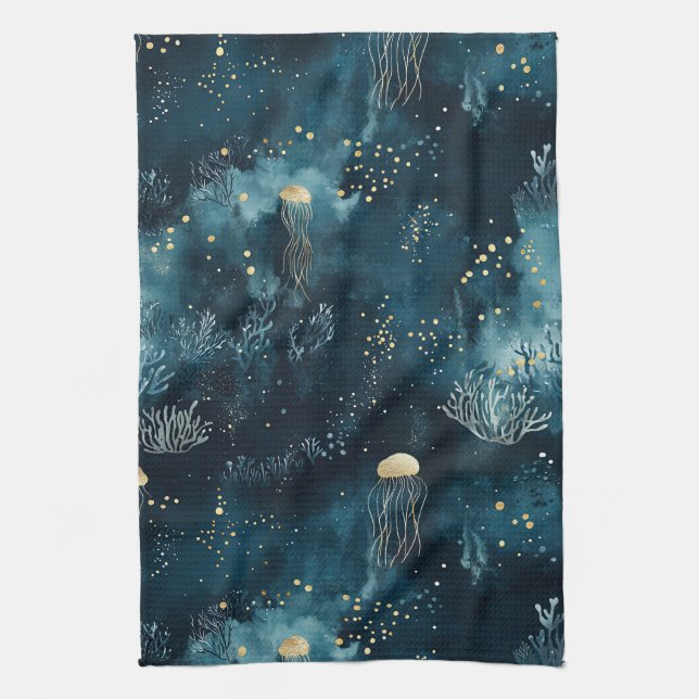 Navy Underwater Jellyfish Marine Life Pattern Tea Towel (Vertical)