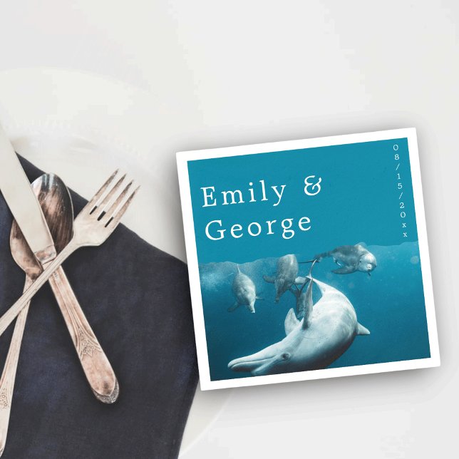 Navy Underwater Playful Dolphins Sea Beach Wedding Napkin (Creator Uploaded)