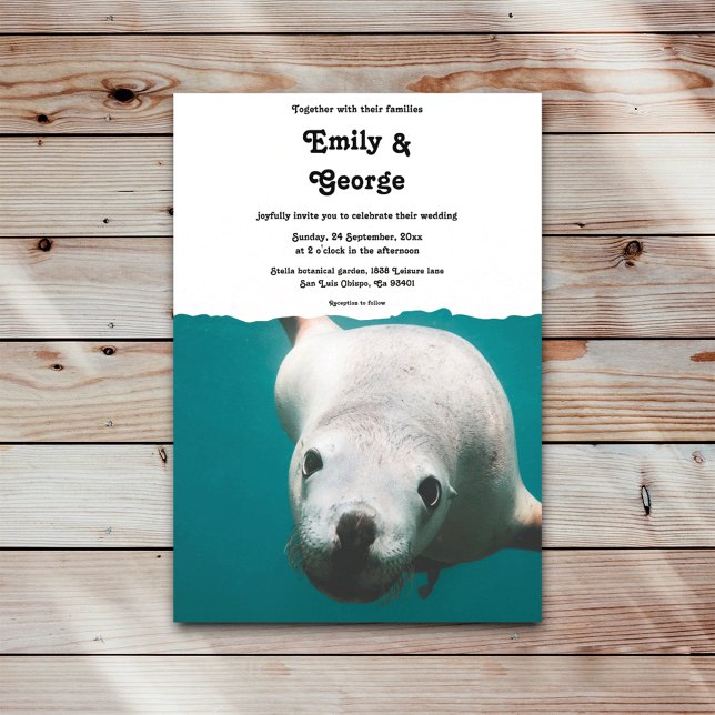 Navy Underwater Sea Lion turquoise Coastal Wedding Invitation (Creator Uploaded)