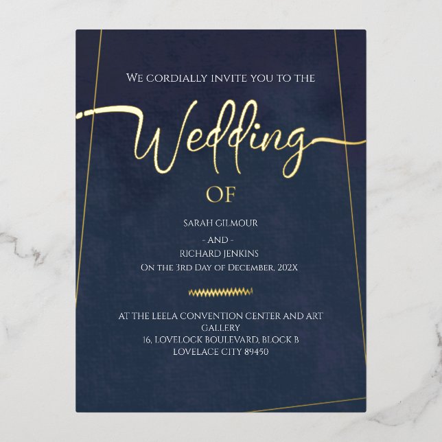 Navy Velvet  Gold Foil Calligraphy Wedding Foil Invitation Postcard (Front)