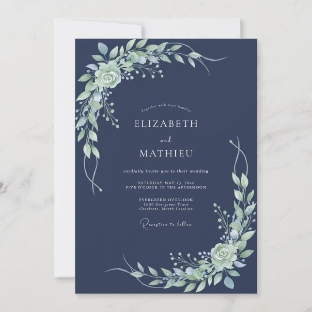 Navy Verdant Flourish Wedding Invitation (Front)