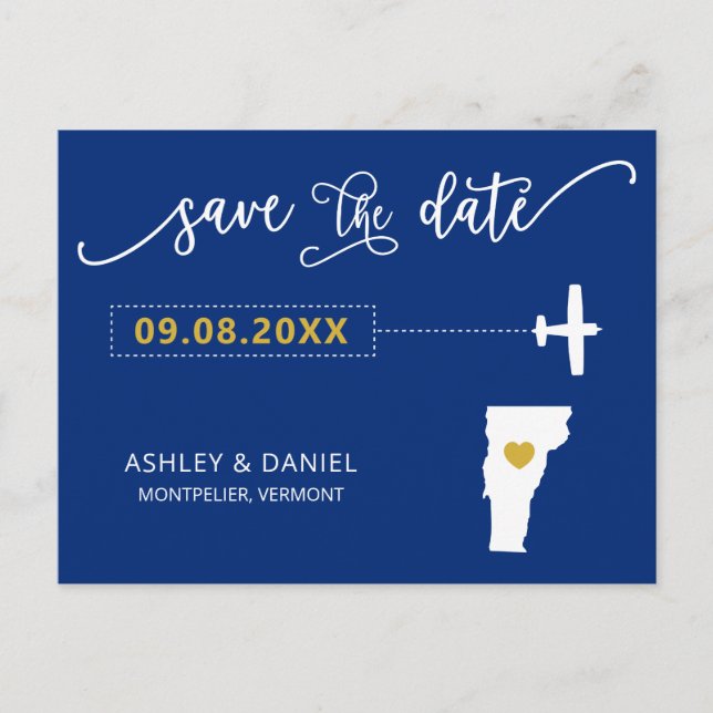 Navy Vermont Wedding Save the Date Map Postcard (Front)