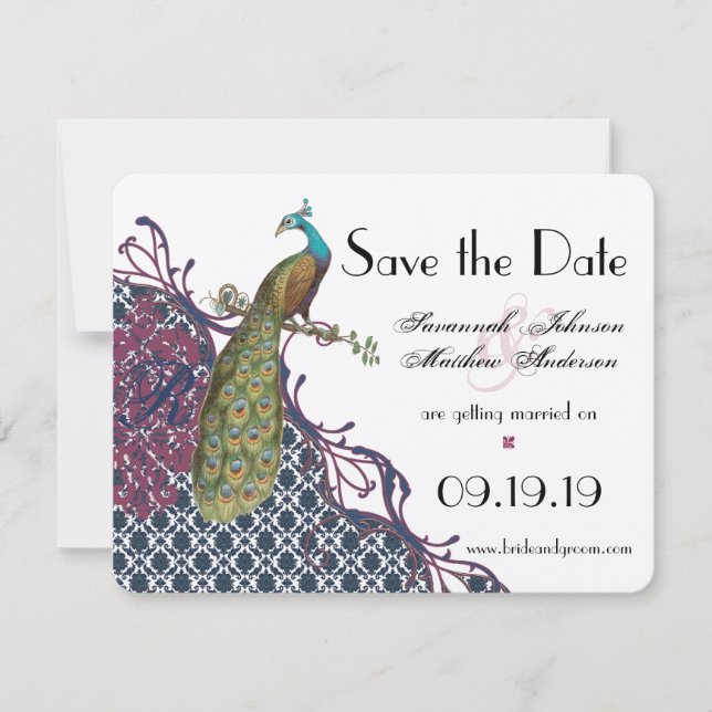 Navy & Very Berry Elegant Damask Peacock Wedding Save The Date (Front)