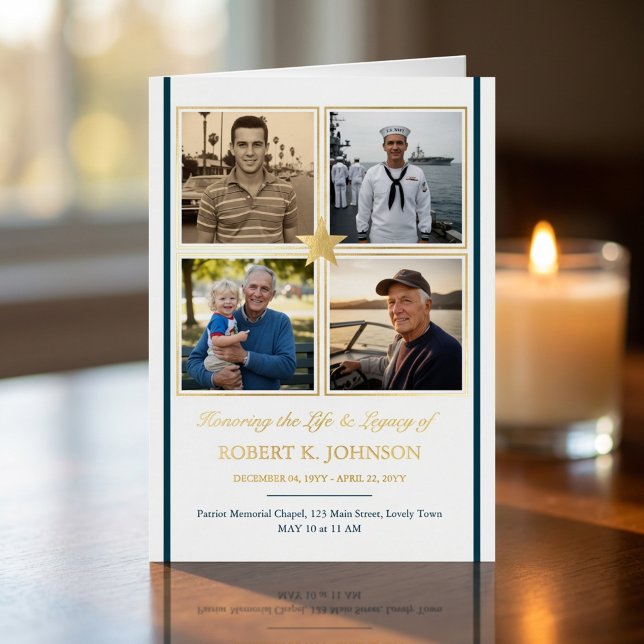 Navy Veteran 5 Photo Gold Foil Funeral Program  (Gold foil program for celebration of life with 5 photos - designed for Navy Veteran.)