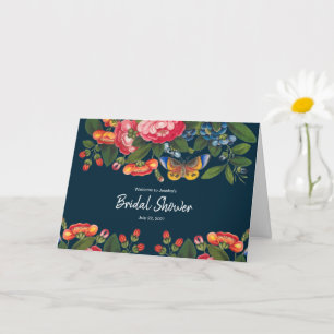 Navy Vintage Colourful Peony Butterfly Bridal Card