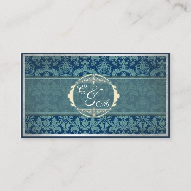 Navy Vintage Damask Wedding place card (Front)