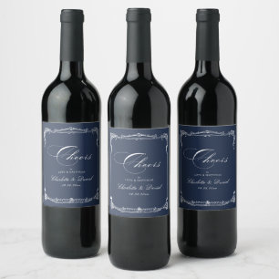 Navy Vintage Frame Classic Script Cheers Wedding Wine Label