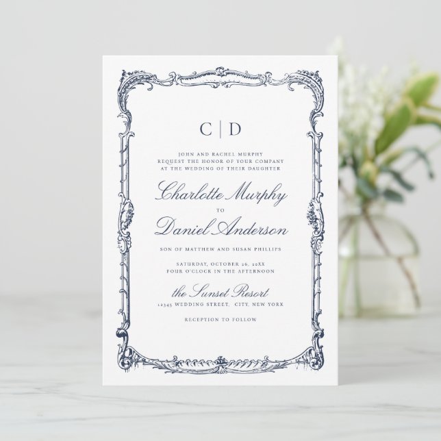 Navy Vintage Frame Classic Script Monogram Wedding Invitation (Standing Front)