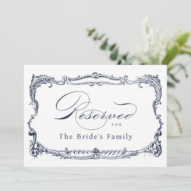 Navy Vintage Frame Classic Script Reserved Sign Invitation (Standing Front)