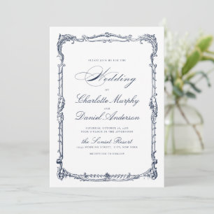 Navy Vintage Frame Classic Script Simple Wedding Invitation
