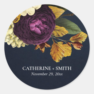 NAVY VINTAGE RETRO BURGUNDY FALL FLORAL WEDDING CLASSIC ROUND STICKER