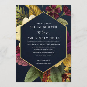 NAVY VINTAGE RETRO BURGUNDY FLORAL BRIDAL SHOWER INVITATION