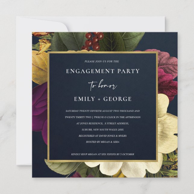 NAVY VINTAGE RETRO BURGUNDY FLORAL ENGAGEMENT INVITATION (Front)